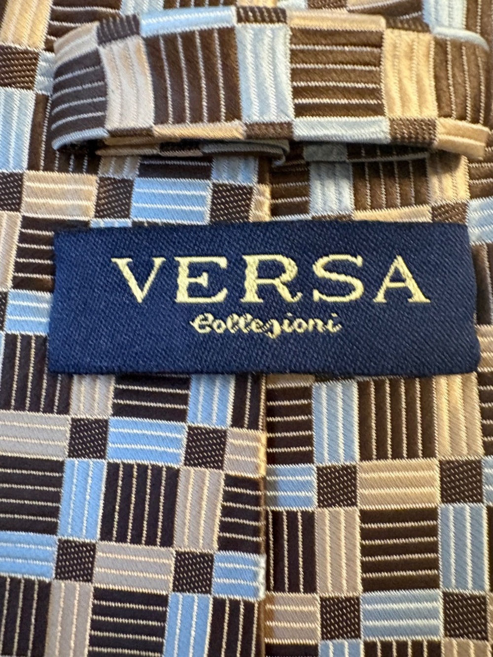 Versa Collezioni Necktie Geometric Block Checkered Brown Blue Classic